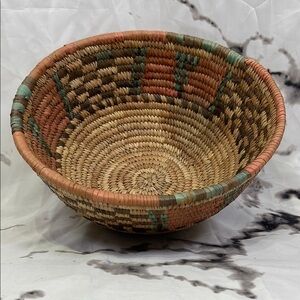Handwoven Multicolor Basket Bowl Tan,Teal, Orange, Brown Hues Southwestern
